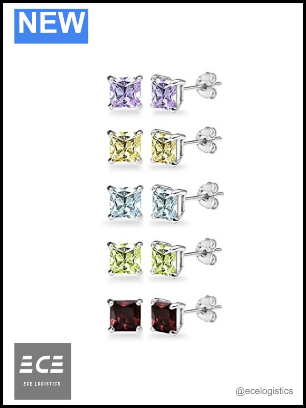 Sterling Silver Gemstone Stud Earrings 5-Pair Set 5mm Square Cut Fine Jewelry